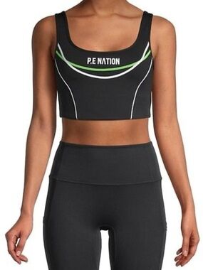 P.E NATION Black Sports Crop with Neon Green & Cream Piping